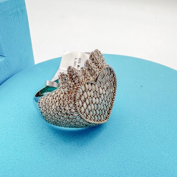 925 Sterling Sliver Moissanite Designer Heart Ring, 4.647ctw VVS Stones Hip Hop - Picture 4 of 9